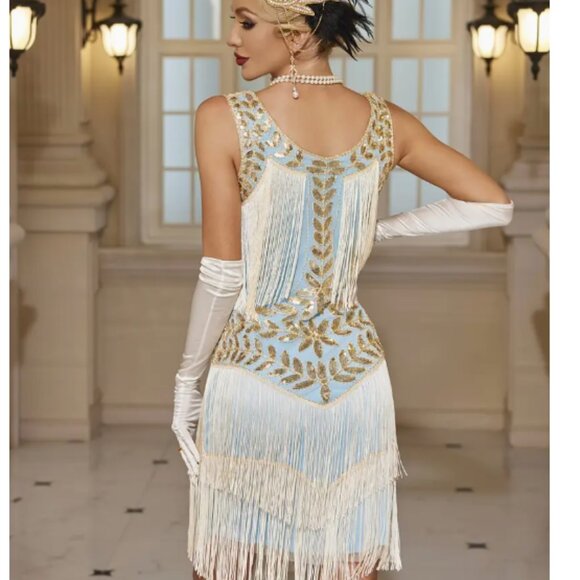 Stunning Roaring 1920s Dress. Sequins and Fringe. Turquoise, Gold, and Ivory. S. - Picture 2 of 16